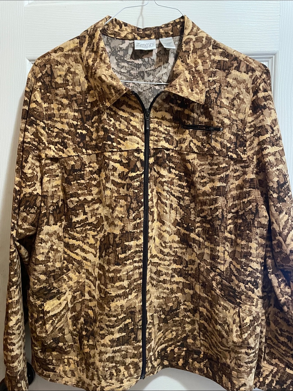 Chico's Brown & Tan Patterned Zip-Front Utility Jacket